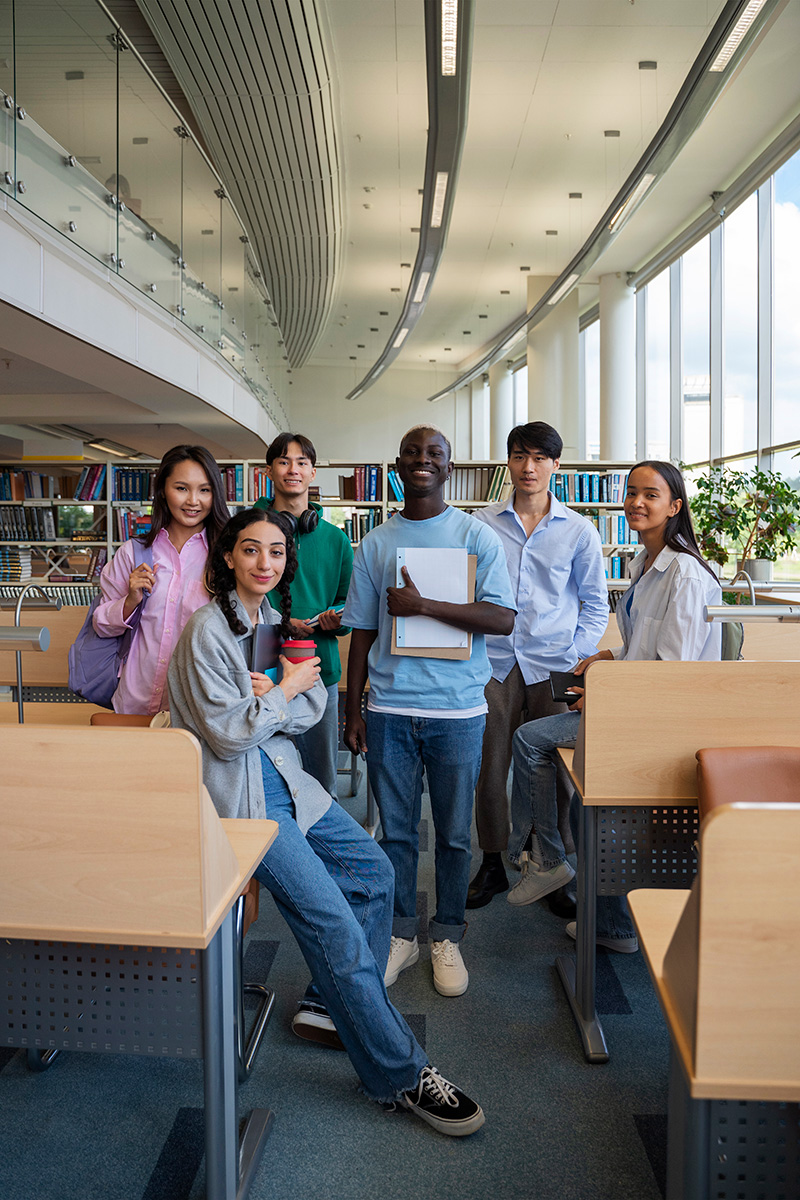 estudiantes sonrientes de tiro completo en la biblioteca